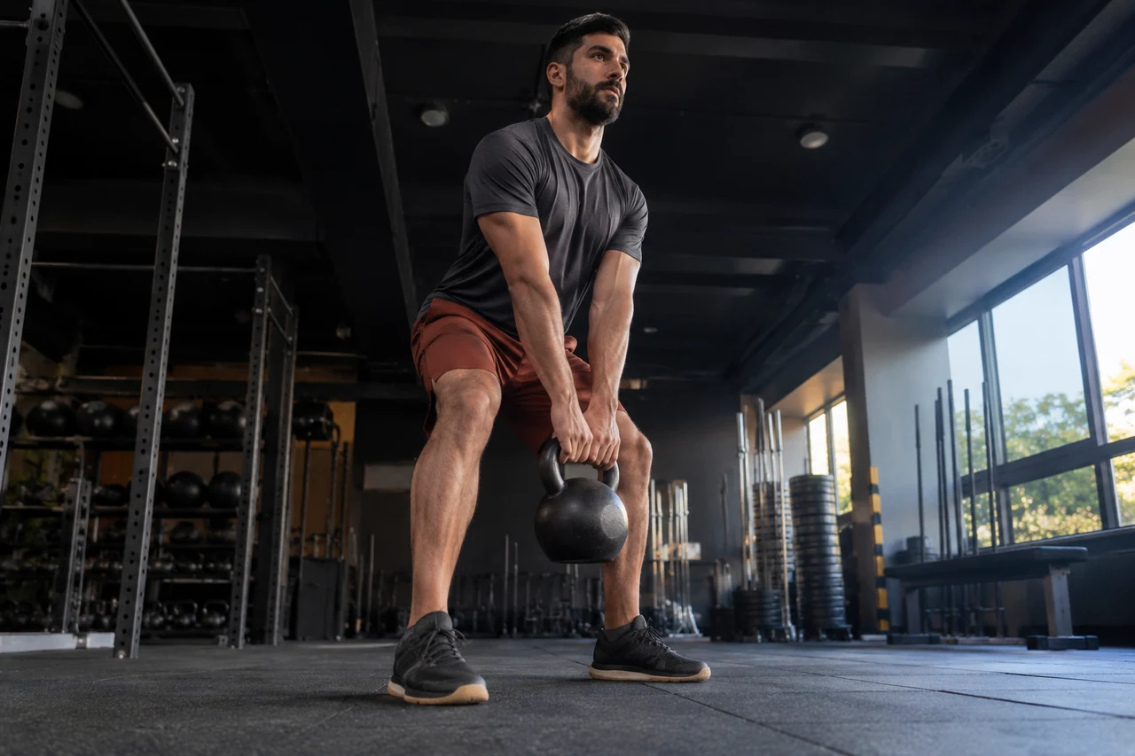 Low wide front three-quarter view of an athlete in a charcoal shirt and rust shorts lifting a kettlebell with both hands between planted feet.
