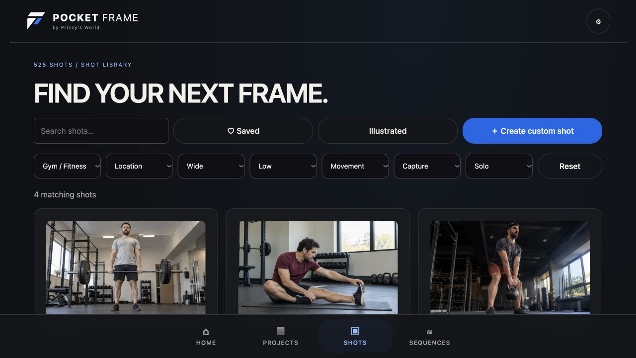 Pocket Frame’s Gym / Fitness library, showing deadlift, stretching and kettlebell references with the approved blue interface.